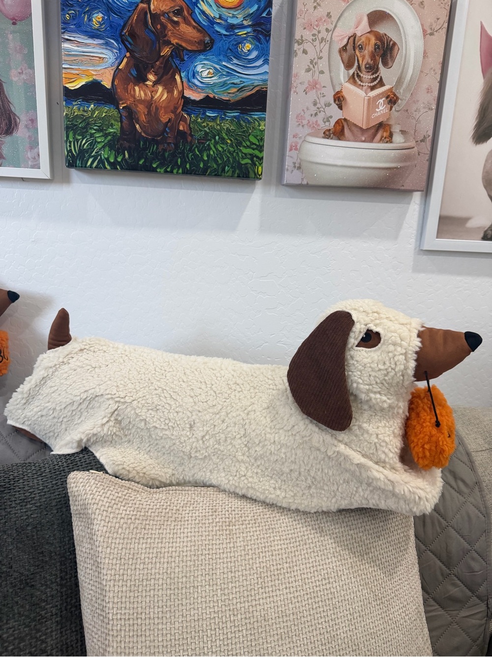 Plush Cream Dachshund Dog Toy with Brown Ears and Orange Pom